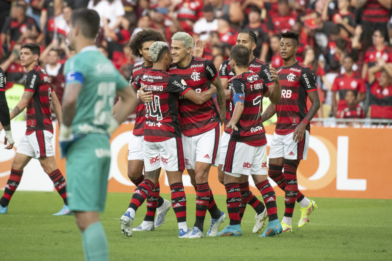 Jogadores do Flamengo comemoram o gol de Pedro