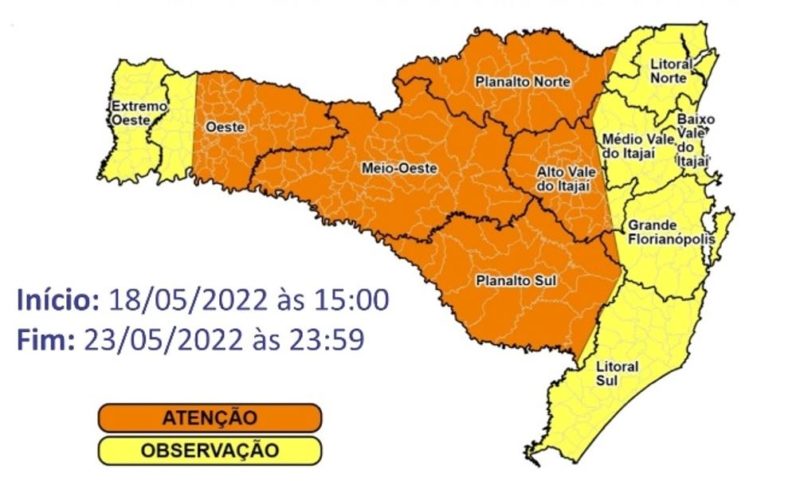 Defesa Civil de Santa Catarina aponta regi&otilde;es em n&iacute;vel de aten&ccedil;&atilde;o (laranja) para onda de frio intenso – Foto: Divulga&ccedil;&atilde;o/DCSC/ND