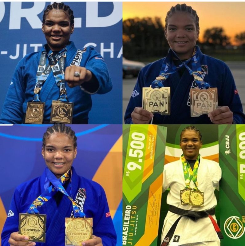 Gabi em 4 momentos: atleta de Jiu-Jitsu conquista “ouros” no Mundial, no Panamericano, no Brasileiro e no Europeu da modalidade – Foto: divulga&ccedil;&atilde;o Gabi Pessanha