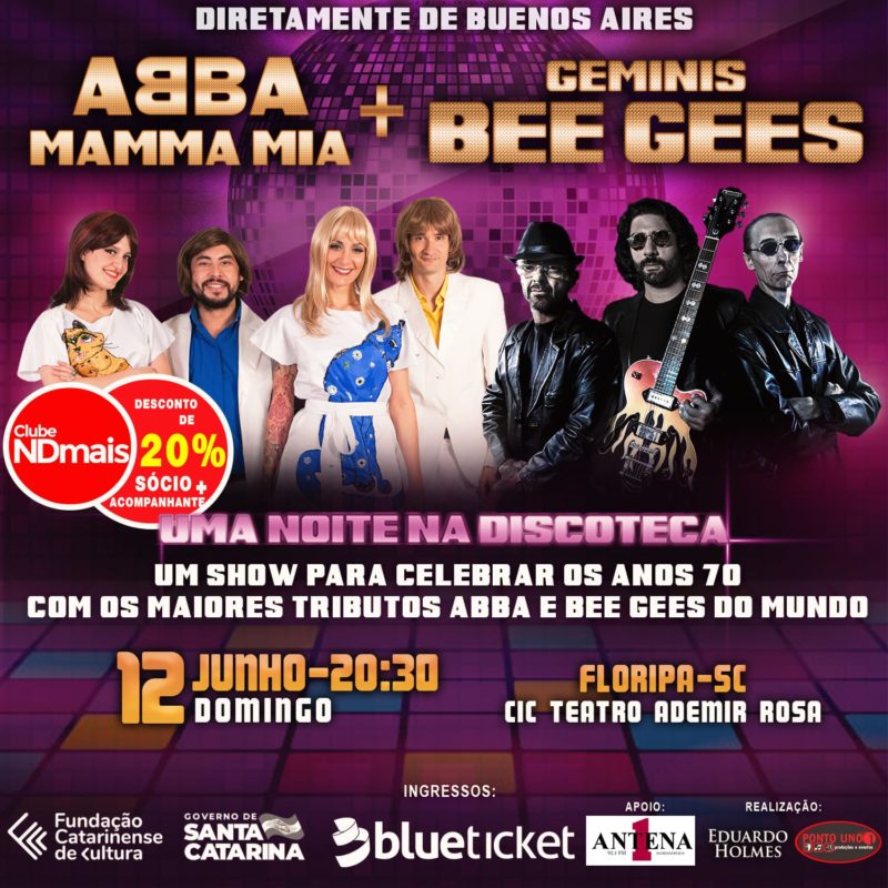 Clube NDmais garante 20% de desconto no valor do ingresso &#8211; Foto: Geminis Bee Gees e ABBA Mamma Mia