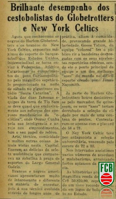 Cobertura da visita dos Globetrotters a Florianópolis no Jornal O Estado em 15 de maio de 1952 &#8211; Foto: divulgação FCB