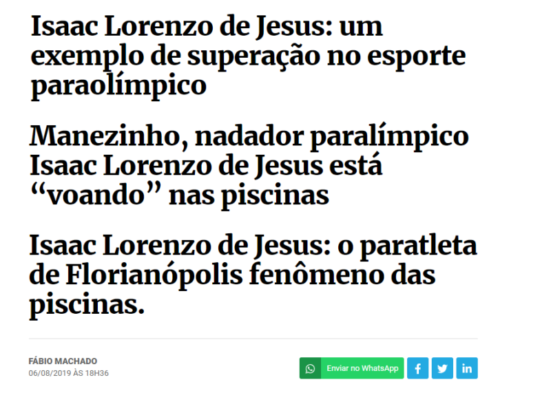Algumas das manchetes da carreira exitosa do para-atletas Isaac Lorenzo de Jesus – Foto: ndmais/reprodu&ccedil;&atilde;o/nd