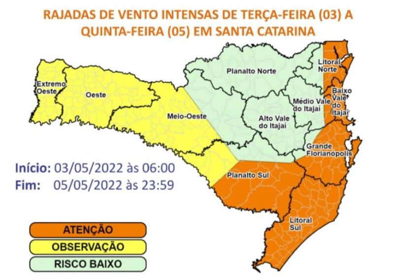 Área em laranja tem risco alto para ocorrências por conta da chuva &#8211; Foto: DCSC/Divulgação/ND