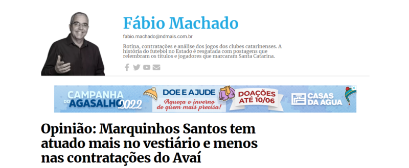 Coluna do dia 28 de março antecipou para os leitores a nova função do Marquinhos Santos no Avaí – Foto: reprodução/ND+
