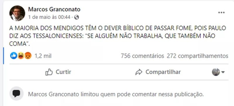 Ap&oacute;s publica&ccedil;&atilde;o no Facebook, declara&ccedil;&atilde;o gerou diversas cr&iacute;ticas nas redes sociais – Foto: Reprodu&ccedil;&atilde;o/Facebook