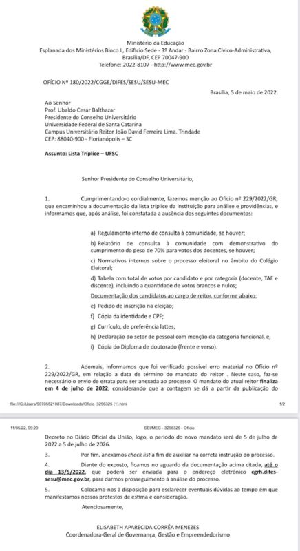 Minist&eacute;rio constata aus&ecirc;ncia de v&aacute;rios documentos na lista tr&iacute;plice do reitor da Ufsc – Foto: MEC