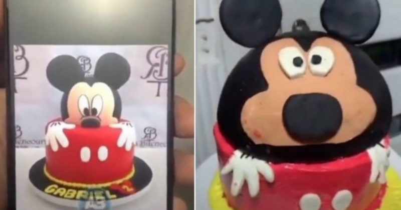 As duas versões do bolo do Mickey, depois e antes &#8211; Foto: Reprodução