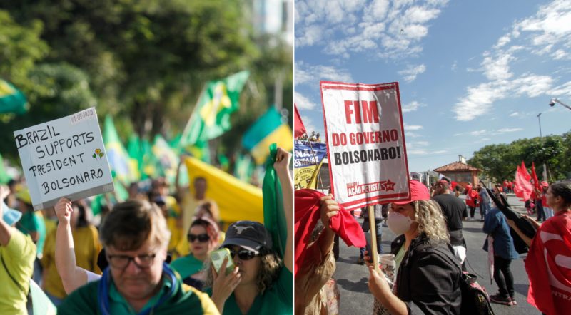 Manifesta&ccedil;&atilde;o contra e a favor do governo Bolsonaro, em Florian&oacute;polis – Foto: Montagem/Leo Munhoz/ND