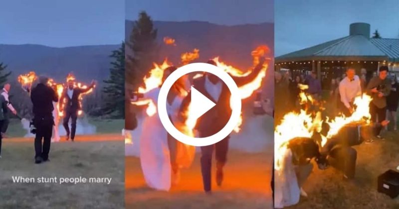 Noivos caminham em chamas após fim da cerimônia de casamento - Foto: Reprodução