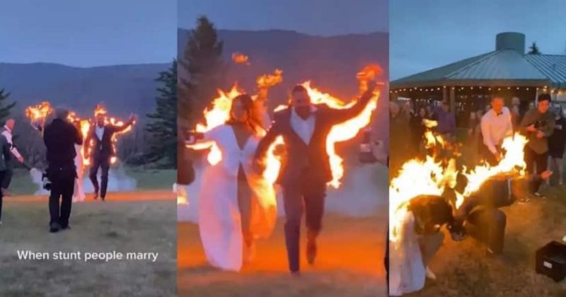 Noivos caminham em chamas após fim da cerimônia de casamento &#8211; Foto: Reprodução