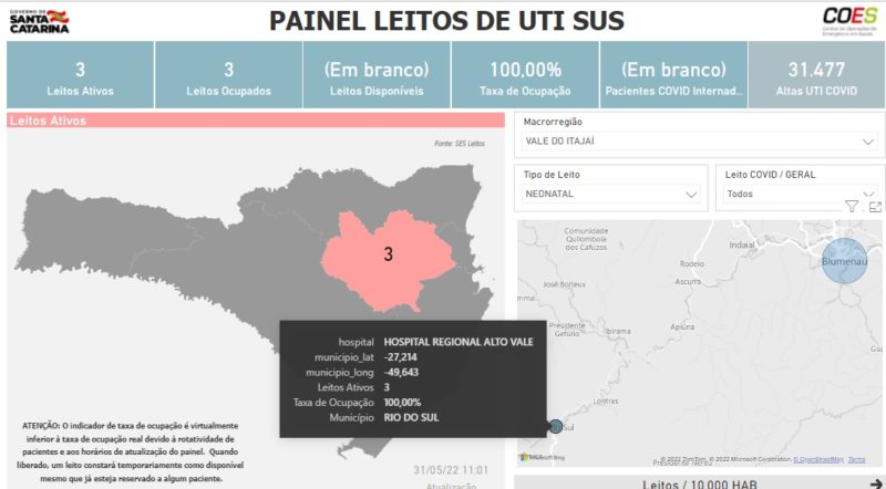 Painel de Leitos da Secretaria de Sa&uacute;de mostra condi&ccedil;&atilde;o preocupante – Foto: Reprodu&ccedil;&atilde;o/Internet/ND