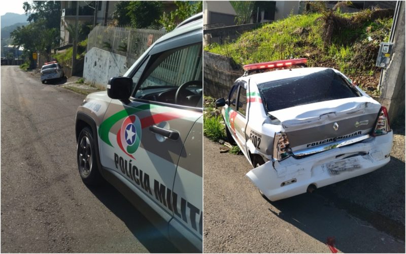 Viatura foi atingida e danificada. &#8211; Foto: Polícia Militar/Divulgação/ND