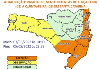 Mapa alerta para rajadas de vento &#8211; Foto: Defesa Civil de SC/Divulgação/ND