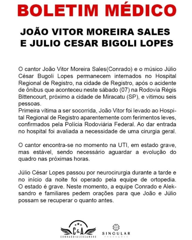 Equipe da dupla atualizou o estado de sa&uacute;de de Conrado. – Foto: Reprodu&ccedil;&atilde;o/Internet/ND