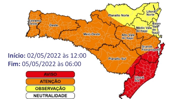 Estragos pela chuva podem ser sentidos principalmente nas regiões em vermelho do mapa, enquanto as em laranja estão sob atenção da Defesa Civil &#8211; Foto: Defesa Civil de Santa Catarina/Divulgação/ND