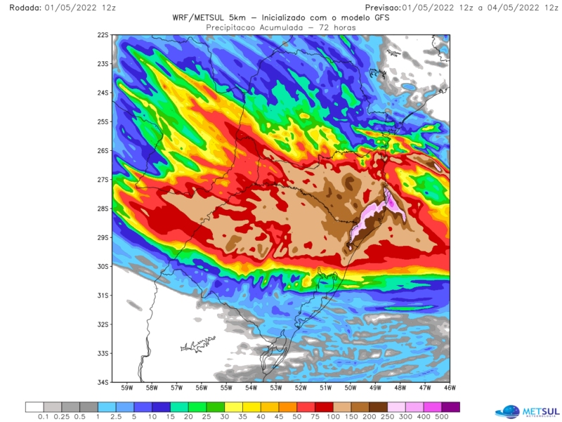 Estado catarinense deve ter volumes milimétricos de chuva altíssimos durante os próximos dias – Foto: MetSul Meteorologia/Divulgação/ND