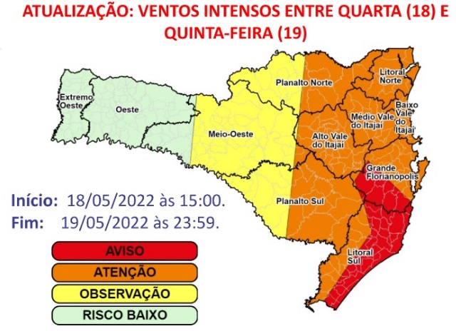 SC tem regiões em alerta vermelho para ventos intensos &#8211; Foto: Defesa Civil de SC/Divulgação/ND