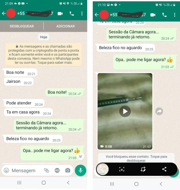 Print da conversa entre criminoso e vereador de São Bento do Sul