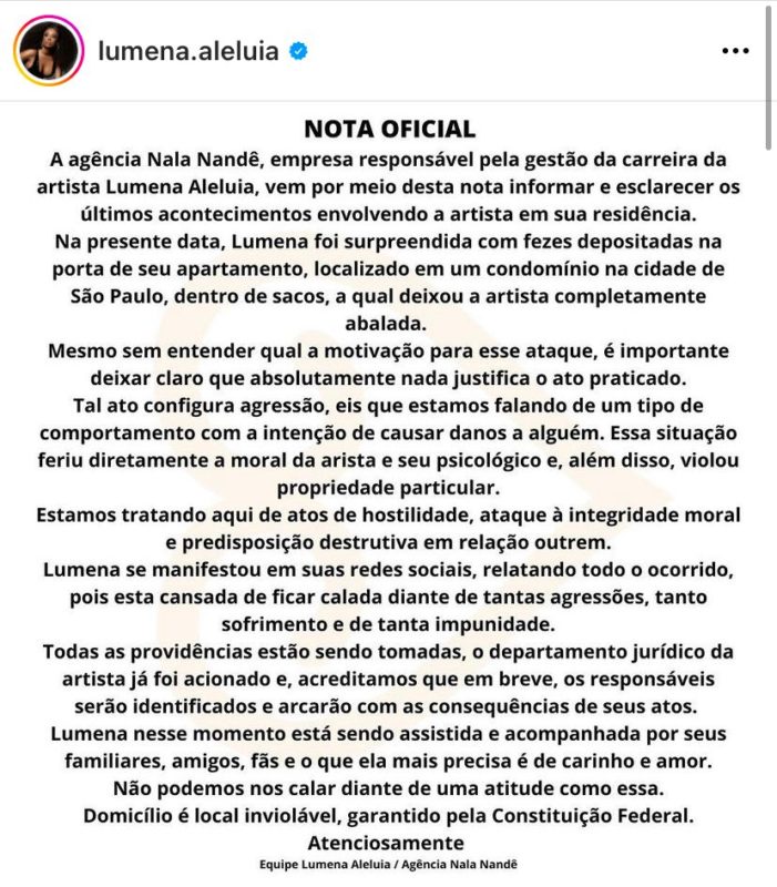 Equipe de comunica&ccedil;&atilde;o de Lumena emite comunicado – Foto: Reprodu&ccedil;&atilde;o/Internet