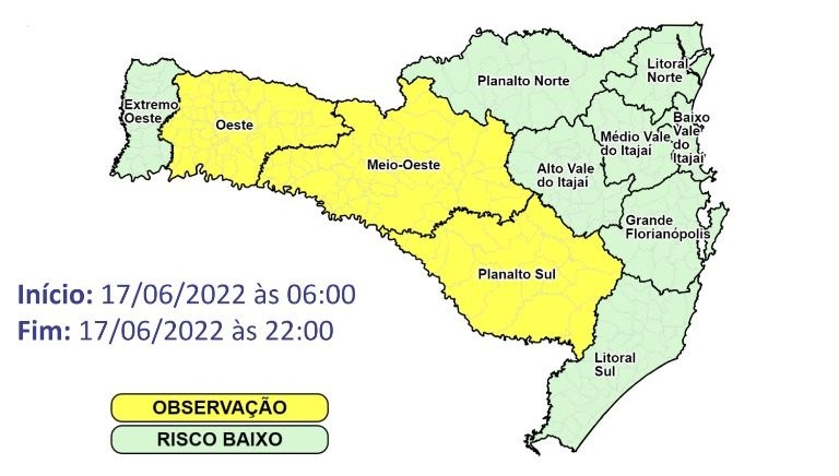 Quedas de &aacute;rvores, destelhamentos e danos nas redes el&eacute;tricas podem ser esperados nas &aacute;reas amareladas do mapa – Foto: Defesa Civil/Divulga&ccedil;&atilde;o/ND