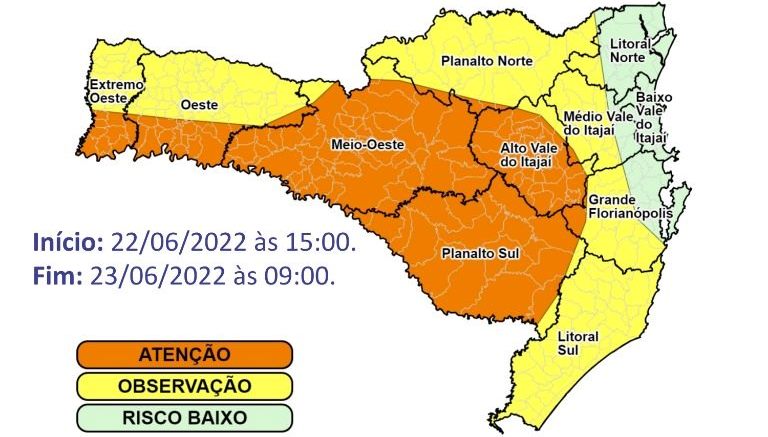 Risco para ocorrências meteorológicas nas áreas em amarelo são moderadas e baixas nas áreas em verde — Foto: Defesa Civil/Divulgação/ND