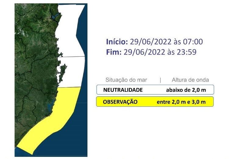 Risco para ocorrências relacionadas à agitação marítima é maior na área em amarelo do mapa — Foto: Defesa Civil/Divulgação/ND