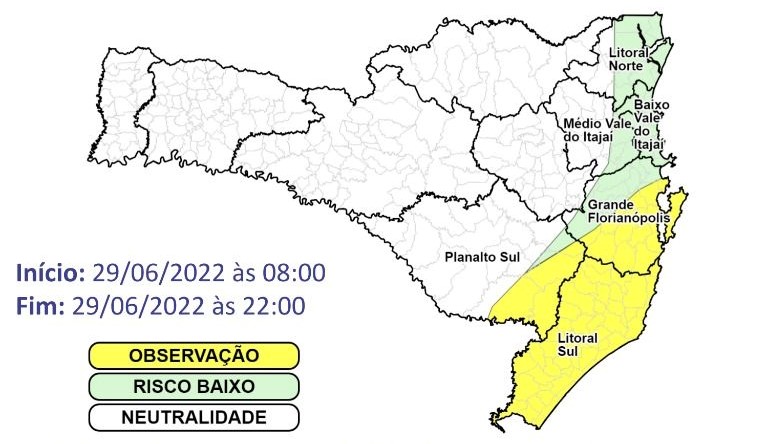 Mapa indica áreas que estão sob condições de fortes rajadas de vento nesta quarta-feira (29) em Santa Catarina — Foto: Defesa Civil de Santa Catarina/Divulgação/ND