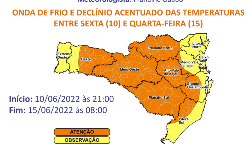 Regi&atilde;o em laranja deve ser mais atingida pela massa polar e est&aacute; em aten&ccedil;&atilde;o para o frio intenso – Foto: Defesa Civil/Divulga&ccedil;&atilde;o/ND