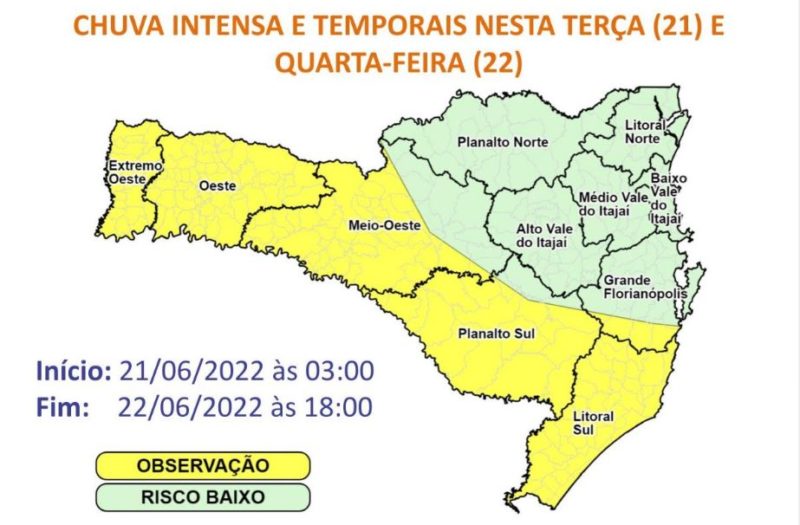 Cidades em amarelo estão em observação para ocorrências em relação aos temporais a partir da madrugada desta terça-feira – Foto: DCSC/Reprodução/ND