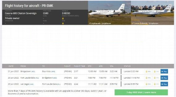 Informações do avião Cessna 680 Citation que transportava o jogador