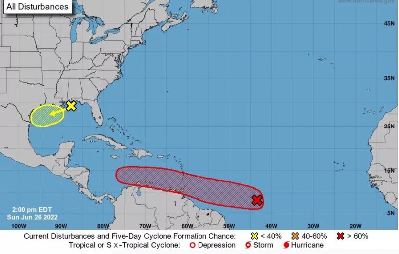 Bonnie poderia se formar sobre o Atl&acirc;ntico ao Norte do Amap&aacute;, da Guiana Francesa e do Suriname, movendo-se para o Oeste – Foto: National Hurricane Center/Divulga&ccedil;&atilde;o/ND