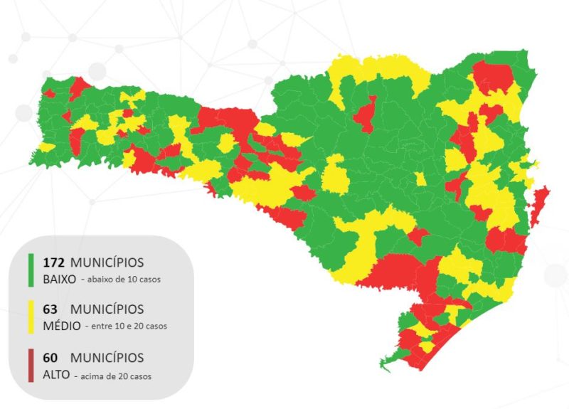 Cidades classificadas em vermelho apresentam 20 casos ou mais para cada 100 mil habitantes – Foto: SES/Reprodu&ccedil;&atilde;o/ND