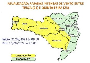 Mapa mostra os riscos com as rajadas de vento por região de Santa Catarina &#8211; Foto: Defesa Civil/Divulgação/ND