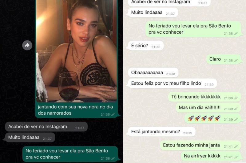 Catarinense anunciou Dua Lipa como a nova namorada para a m&atilde;e – Foto: Internet/Reprodu&ccedil;&atilde;o