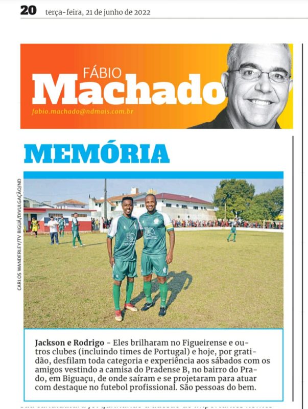 Na edição impressa do jornal ND, o registro na coluna do ex-profissionais Jackson e Rodrigo com a camisa do Pradense &#8211; Foto: ND/divulgação/ND