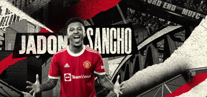 Jadon Sancho na chegada ao Manchester United – Foto: Manchester United/Divulga&ccedil;&atilde;o