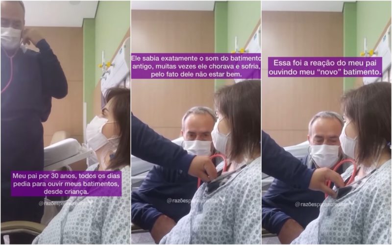 Pai de Marina ouvindo o novo coração com o estetoscópio após o transplante