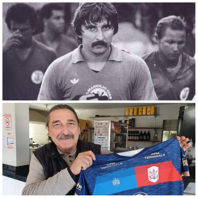 Mauro Ferreira nos tempos em que defendia o Marinheiro e hoje no seu bar em Itaja&iacute; – Foto: Montagem sobre Arquivo Pessoal/Marcelo Nunes/ND