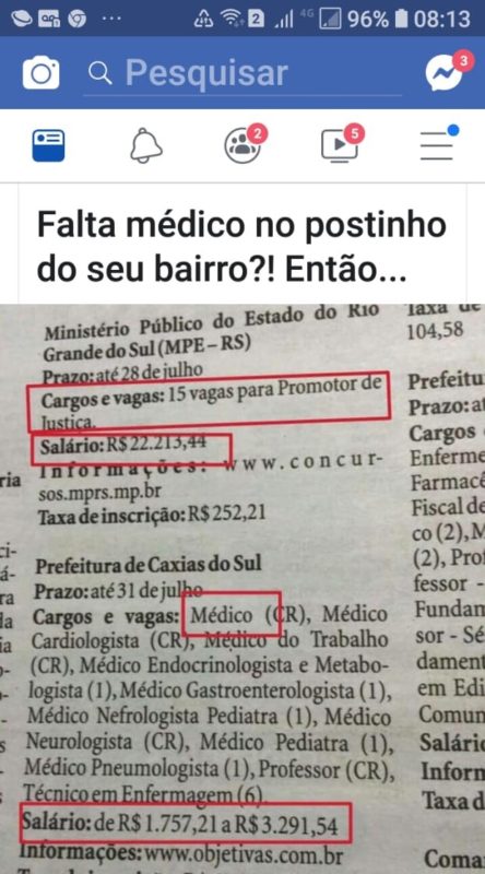 Em grupos de redes sociais dos m&eacute;dicos do Sul de SC, neste fim de semana, comum encontrar esta reprodu&ccedil;&atilde;o com refer&ecirc;ncias ao que se pode considerar a causa para a falta de profissionais da &aacute;rea na rede p&uacute;blica. – Foto: Divulga&ccedil;&atilde;o