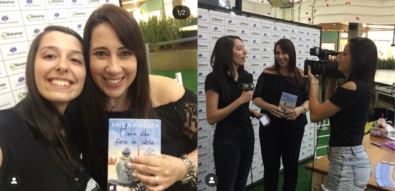 Em 2017, entrevistei Paula Pimenta para o TJ UFSC, durante o lan&ccedil;amento de &ldquo;Minha vida fora de s&eacute;rie 4&rdquo; em Florian&oacute;polis – Foto: Arquivo pessoal/ND