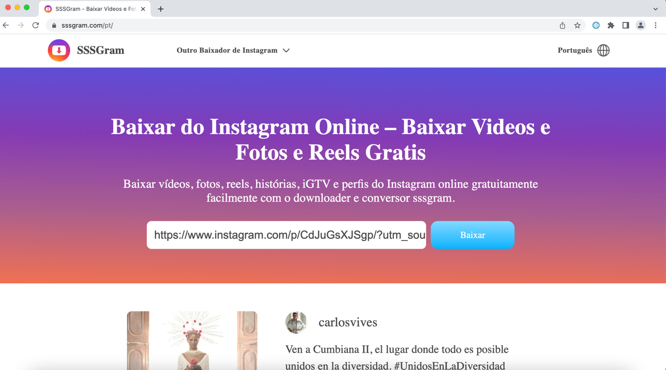 Downloads do Instagram em Instantes Grátis com o SSSGram