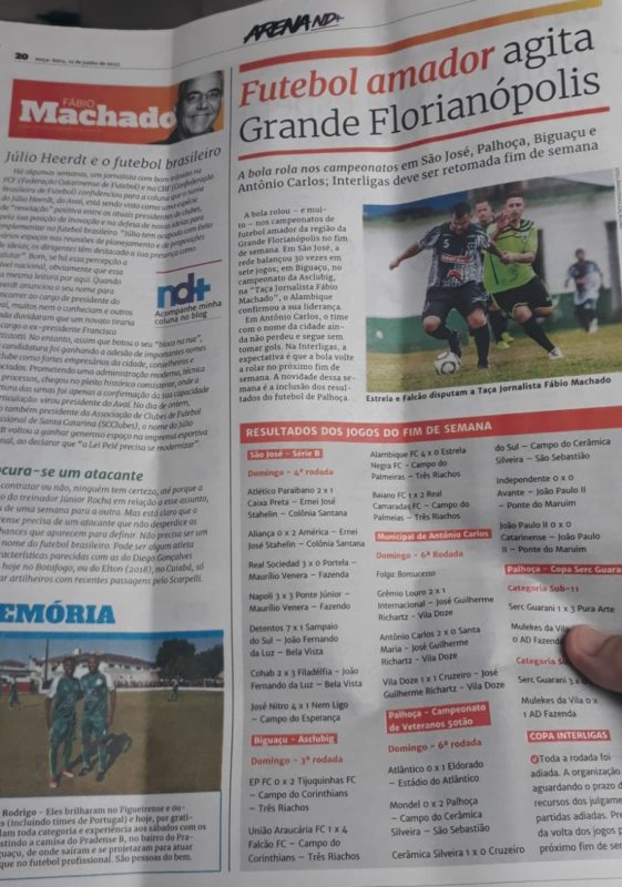 O calendário dos jogos e os resultado são publicados semanalmente no jornal impresso e na coluna digital de Fábio Machado &#8211; Foto: reprodução/ND