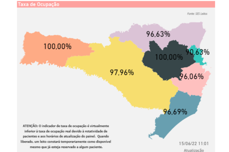 Mapa mostra a taxa de ocupa&ccedil;&atilde;o dos leitos de UTI em Santa Catarina – Foto: Governo do Estado/Divulga&ccedil;&atilde;o/ND
