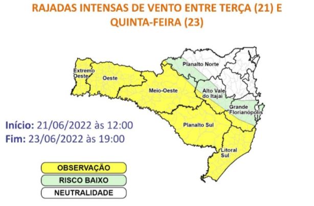 Regiões em amarelo estão em observação para ocorrências relacionados aos fortes ventos – Foto: DCSC/Reprodução/ND