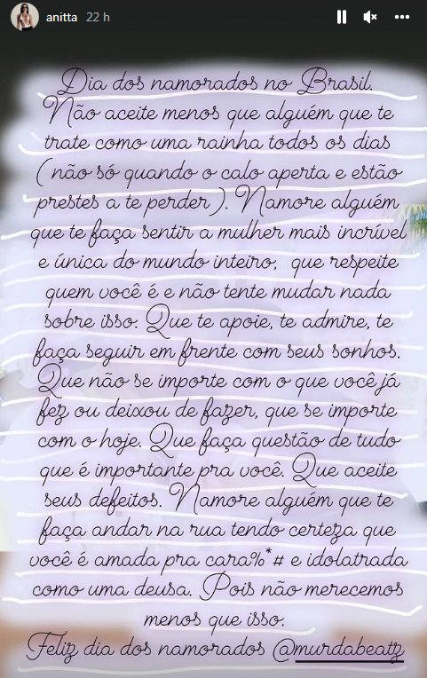 Anitta postou uma declara&ccedil;&atilde;o apaixonada para o namorado – Foto: Internet/Reprodu&ccedil;&atilde;o/ND