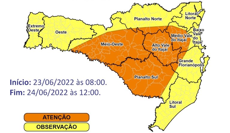 Enquanto isso, áreas em amarelo permanecem em estado de observação para as ocorrências meteorológicas associadas às condições do tempo &#8211; Foto: Defesa Civil/Divulgação/ND