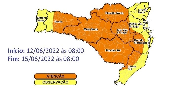 Áreas em amarelo estão em observação para ocorrências relacionadas ao frio extremo – Foto: Defesa Civil/Divulgação/ND