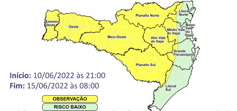 Frio intenso deve ser sentido em toda SC, com maior intensidade nas regiões em amarelo do mapa &#8211; Foto: Defesa Civil/Divulgação/ND