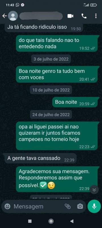 Mensagens trocadas entre Kelber e Rog&eacute;rio Ballock – Foto: Acervo pessoal