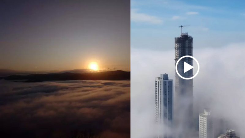 Nevoeiro mar&iacute;timo deixa litoral de SC coberto por nuvens – Foto: Yasmin Mior/Reprodu&ccedil;&atilde;o V&iacute;deo/ND